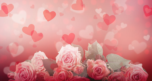 情人节贺卡，红色背景上带有玫瑰花，心形散景和复制空间，节日横幅。图片下载