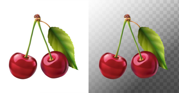 3D写实矢量图标插画。两颗带梗带叶的新鲜红樱桃。孤立在白色背景上。图片下载