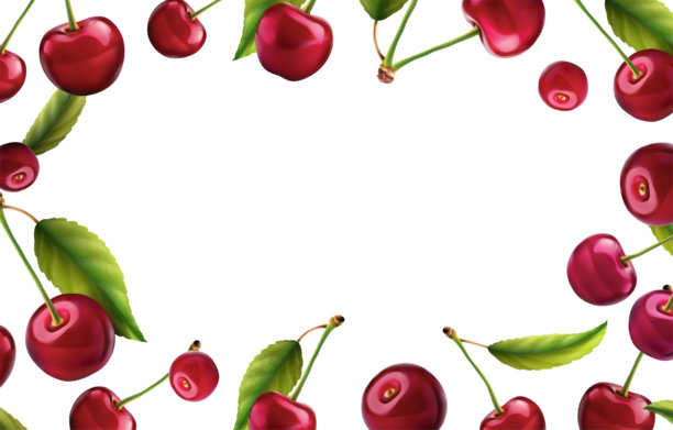 3D写实矢量图标插画。新鲜的红樱桃，带或不带梗和叶子，并带有模糊效果。图案边框。图片下载