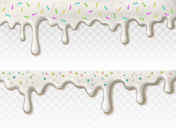 写实矢量插画。奶油甜甜的糖霜融化在透明背景上，撒有彩色糖珠。图片下载
