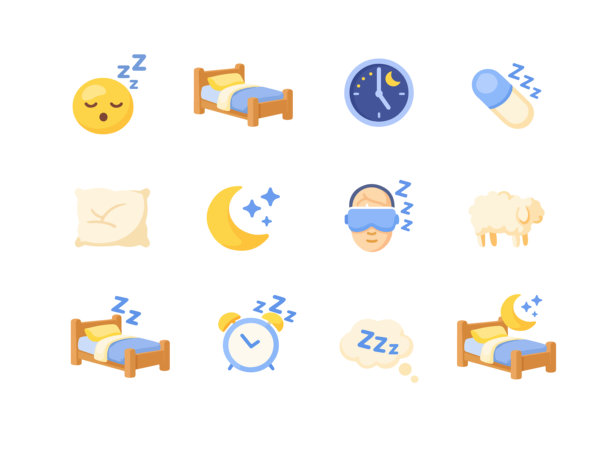 一套平面的矢量插画，包含睡眠和夜晚例行程序的图标。床、枕头、月亮、闹钟、眼罩和就寝符号，适用于健康、医疗保健、生活方式和移动应用程序设计。图片下载