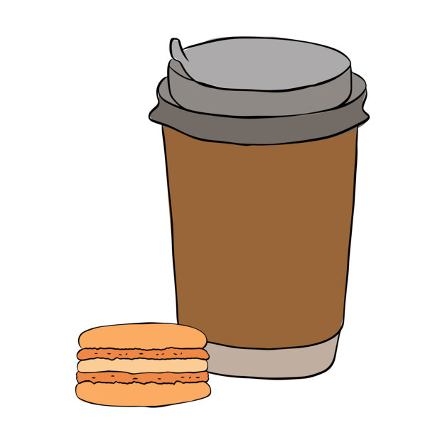 咖啡杯与马卡龙图标矢量图，马卡龙标志，手绘插画。矢量线条墨水彩色艺术，适用于Logo、网页、包装、贴纸。图片下载