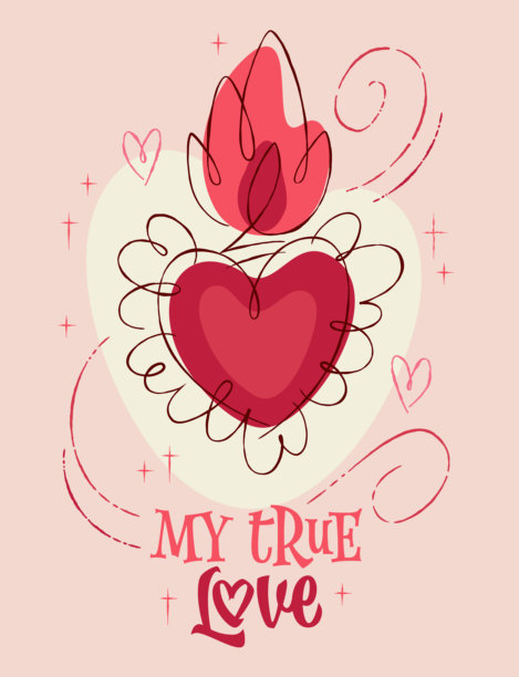 吾爱。一幅迷人的复古风格插画，描绘了一颗带有趣致笔触的心，周围环绕着小爱心和闪光。色调包括粉色和红色，背景为柔和的粉彩色。图片下载