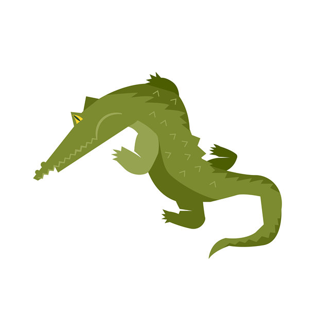 扁平风格的绿色鳄鱼矢量插画。极简动物吉祥物，孤立在白色背景上，非常适合儿童读物、教育材料、动物园标志和手机游戏角色设计。图片下载