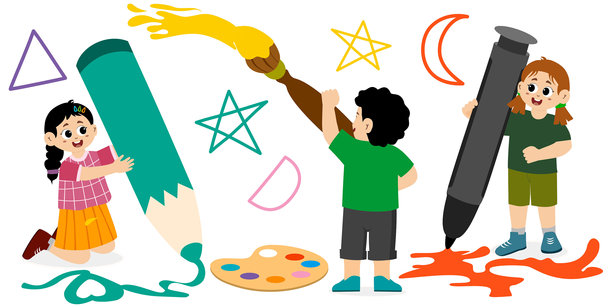 有趣的卡通人物在绘画和涂色，概念艺术，艺术日，色彩鲜艳的卡通角色，有趣的插画，孤立在白色背景上图片下载