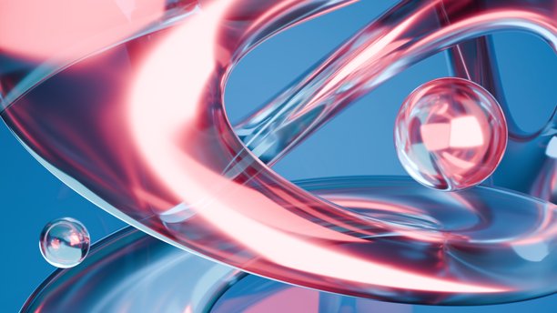 流体液体蓝色玻璃形状和球体抽象背景。三维插画当代艺术图片下载
