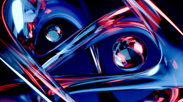 流体液体蓝色玻璃形状和球体抽象背景。三维插画当代艺术图片下载