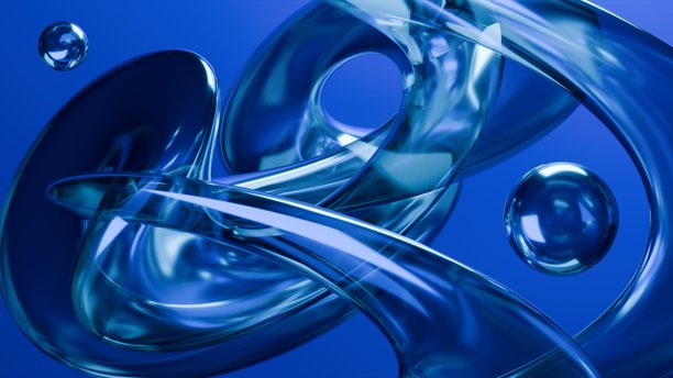 流体液体蓝色玻璃形状和球体抽象背景。三维插画当代艺术图片下载