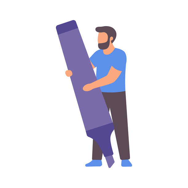 留胡子的男人拿着巨大的紫色记号笔。创意人物的扁平矢量插画，使用巨大的文具工具，用于教育和设计概念。图片下载