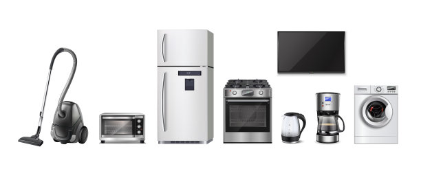 3D写实风格矢量图标插画集，包含厨房电器，如吸尘器、微波炉、冰箱、炉灶、电热水壶、咖啡机、洗衣机和LED电视。图片下载