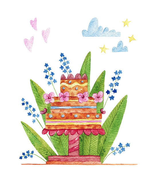 手绘可爱水彩插画，描绘了一个装有节日蛋糕的盆栽，上面装饰有花朵、叶子和树枝。背景为白色，孤立展示。图片下载