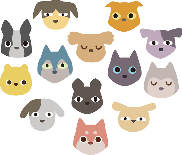 各种可爱狗狗的脸部插画，组成心形图案图片下载