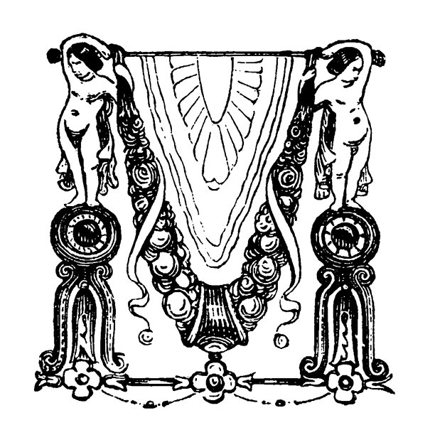 华丽的字母M，由两位丘比特天使支撑，他们托着垂下的织物，周围环绕着对称的复古花卉和卷轴图案，展现了19世纪的字体装饰和新古典主义复兴风格，这是一幅古老的复古插画，创作于1845年。图片下载