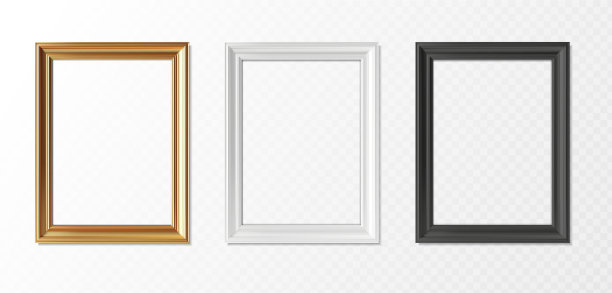3D写实矢量图标插画。金色、白色和黑色矩形相框集。孤立在透明背景上。图片下载