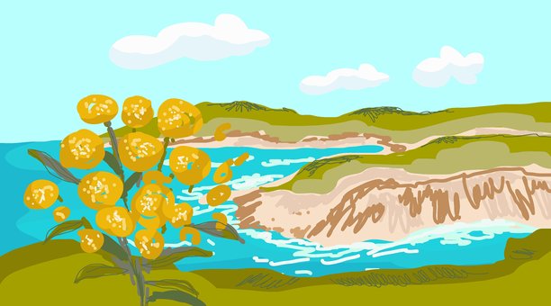 欧洲热带度假，塞浦路斯，尼奥霍里奥。黄色花球。绿松石色的海，手绘矢量插画。图片下载