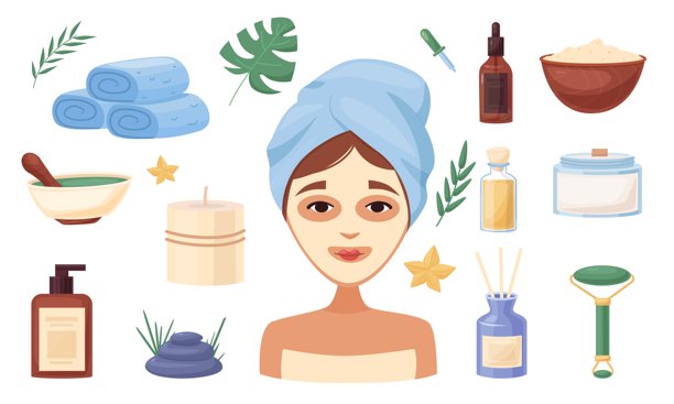带有女性面部、毛巾、化妆品、精油、蜡烛和自然元素的温泉与护肤插画集，适用于美容院、化妆品品牌、网站和营销设计。图片下载
