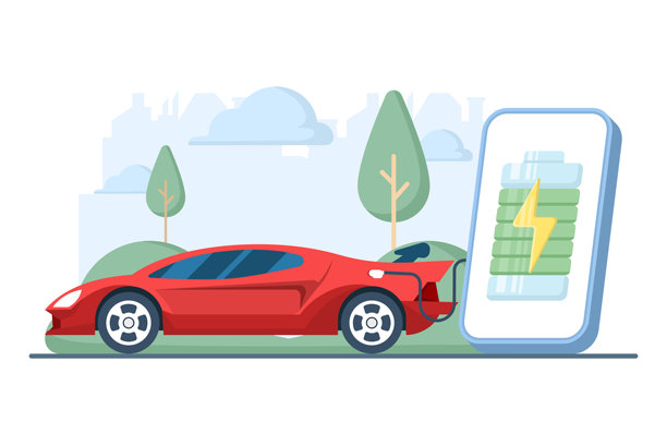 电动跑车在充电站充电，配有移动应用界面。电动汽车技术、智能充电和可持续交通概念的矢量插画。图片下载