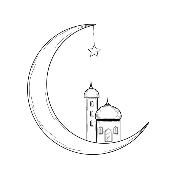 伊斯兰清真寺的月牙、圆顶和尖塔，素描。矢量插画。代表伊斯兰建筑和信仰的月牙和星星符号，孤立在白色背景上。图片下载