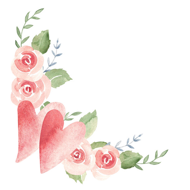 情人节或婚礼花卉角落组合，包含一对心形、粉色玫瑰和枝条。爱与浪漫插画，适用于卡片、邀请函和印刷品。图片下载