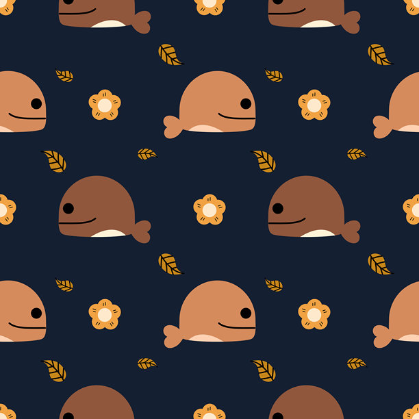 可爱的卡通鲸鱼，背景是花叶图案，无缝矢量插画。图片下载