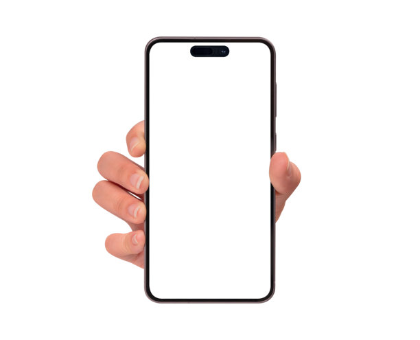 特写一只手展示智能手机，屏幕空白，背景为纯白色。高质量工作室拍摄。适用于科技、商业、金融、广告、公关及生活方式主题。图片下载