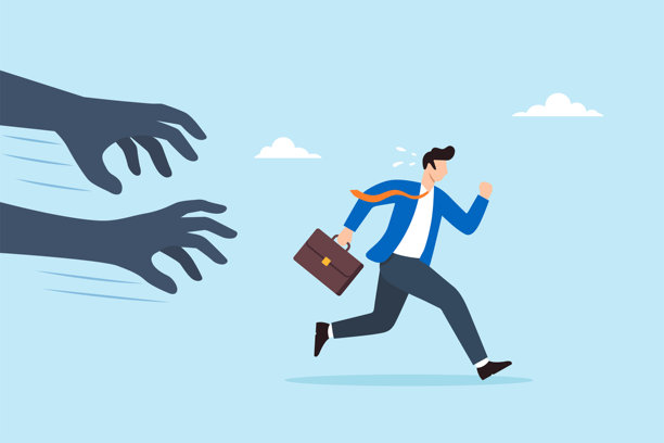 压力山大的商人逃离阴影之手，象征着工作压力、焦虑、恐惧、职业倦怠和不堪重负的工作量，扁平化插画图片下载
