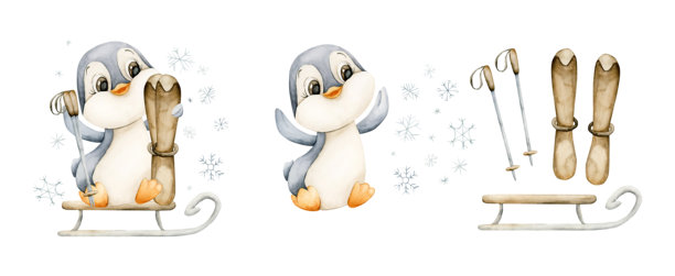 可爱的企鹅坐在雪橇上，旁边放着滑雪杖，来自北方动物。水彩手绘插画，孤立在白色背景上。图片下载