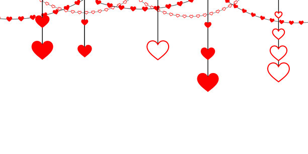 矢量心形花环边框，带有悬挂的红色纸质心形，干净的白色背景和用于文本的空间，非常适合情人节祝福、浪漫社交媒体标题和婚礼请柬模板图片下载