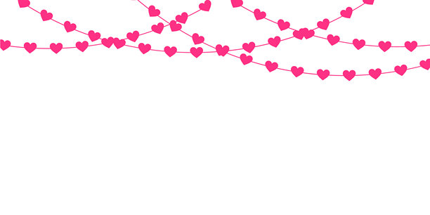 情人节装饰，红纸心形花环一排排悬挂，白色背景，留有文本空间，非常适合浪漫贺卡、婚礼文具和节日横幅模板图片下载