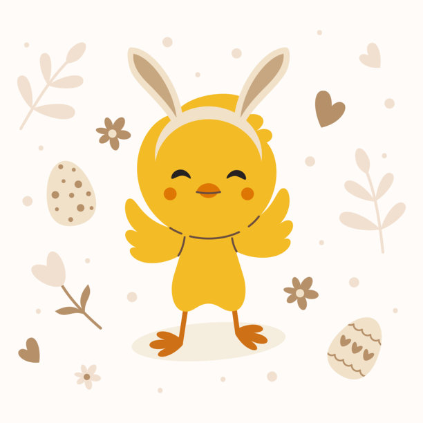 可爱的复活节小鸡戴着兔耳朵，采用柔和的粉彩色调，描绘了带有彩蛋、鲜花和爱心的快乐春季节日插画，可爱的卡通角色设计，适用于贺卡、印花、海报图片下载