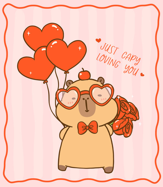 可爱的水豚绅士，手持心形气球和玫瑰花束，卡通手绘涂鸦插画图片下载