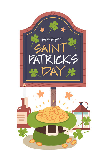 快乐圣帕特里克节构图，有装满金币的帽子、蜡烛和灯笼。平面矢量插画图片下载