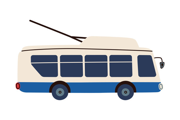 可爱的无轨电车，儿童涂鸦风格，矢量扁平化卡通插画，充满友好氛围。适合儿童教育、交通主题、游戏和趣味城市场景的城市公共交通。图片下载