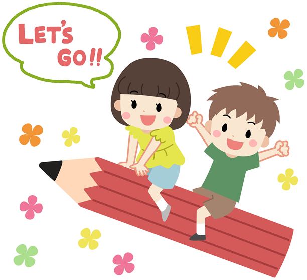 孩子们骑在大铅笔上的插画图片下载