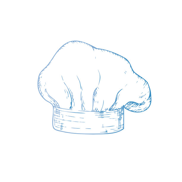 矢量厨师帽。专业厨师帽的图形墨水标志和符号，厨房工具插画孤立在背景上。手绘线条草图。适用于设计师、印花、标志、图标、菜单、明信片、节日、封面。图片下载