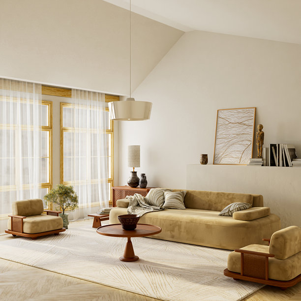 广角日式简约风格的米色客厅室内，配有木制家具和宽敞的纯色墙面，提供干净的文字空间。三维插画。图片下载