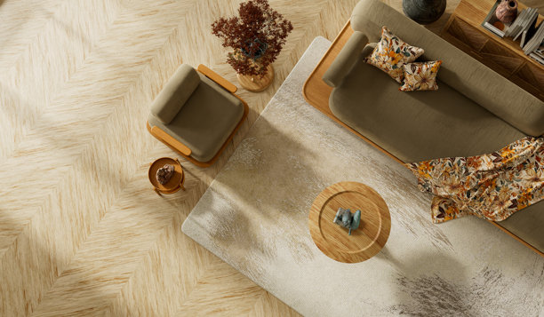 日式禅意风格客厅，配有橄榄绿沙发、暖木家具、图案靠垫和柔和的日光。3D插画。图片下载