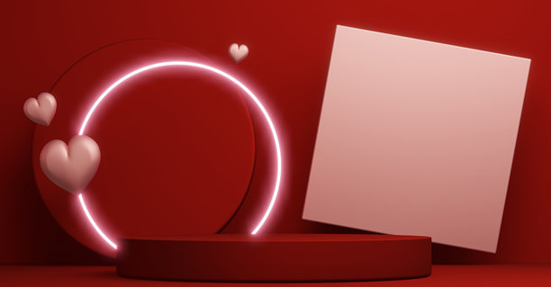 情人节红色玫瑰领奖台极简设计产品场景。3D渲染图片下载