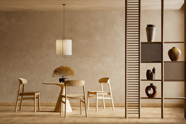 优雅的日式禅意风格餐厅室内，配有有机木制家具、温暖的纹理以及为现代奢华生活设计的极简日式斯堪的纳维亚平衡感。3D插画。图片下载