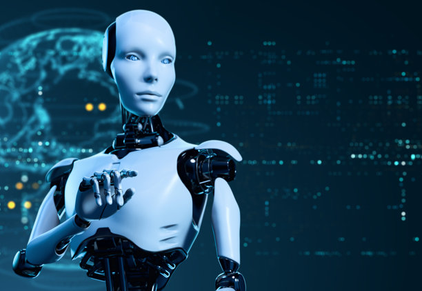 机器人触摸虚拟屏幕。未来科技与人工智能概念图片下载