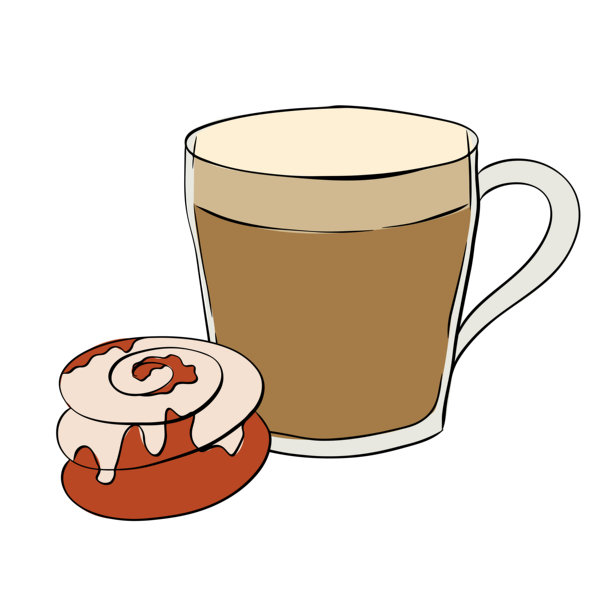 一次性咖啡纸杯和肉桂卷的矢量手绘插画，线条墨水彩色艺术。图片下载