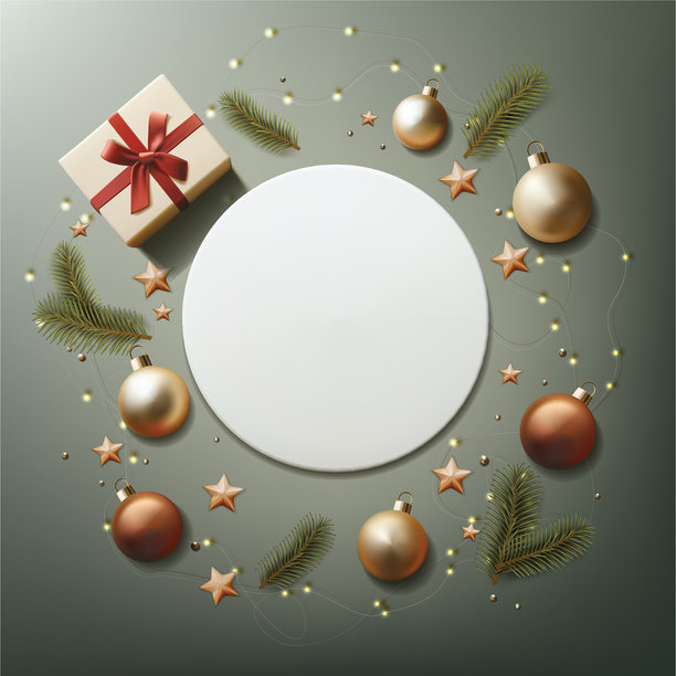 3D写实矢量插画。圣诞节节日横幅。绿色背景上的圣诞彩球、彩灯、圣诞树和带红色丝带的礼物。图片下载