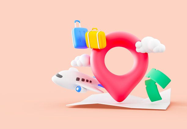 一张3D插画，描绘了飞机、行李、定位图钉和地图，代表着旅行、旅游和全球探险。图片下载