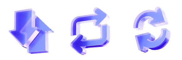 3D玻璃数据传输、同步箭头和重新加载图标，孤立在白色背景上，概念用于系统更新、云同步和数据交换。液体玻璃设计图标。3D渲染图片下载