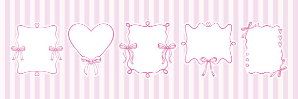 一套带有粉色丝带和蝴蝶结的边框。手工绘制的 coquettish 边框。用于贺卡、婚礼请柬的优雅浪漫设计元素。条纹粉色背景上的矢量涂鸦插画。图片下载