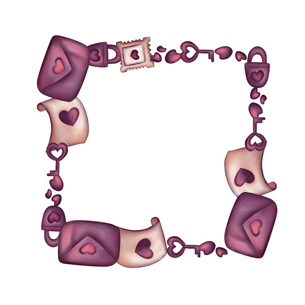 一个方形相框，里面有字母、信封、邮票、钥匙、锁和心形图案。水彩插画。设计以紫色和粉色为主色调。图片下载