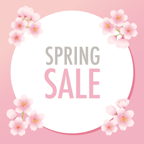 装饰有樱花的圆形白板插画。“春季促销”字样。图片下载