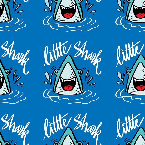 可爱的鲨鱼和手写文字的无缝矢量图案。小鲨鱼。儿童矢量插画。图片下载