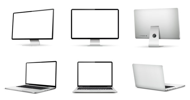 逼真的电脑屏幕模型。不同角度的笔记本电脑模型视图。图片下载