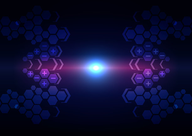 抽象的未来科技背景，带有发光的蓝色六边形网格图案、漂浮的数据粒子和深蓝色矢量背景上的光效。插画矢量图片下载